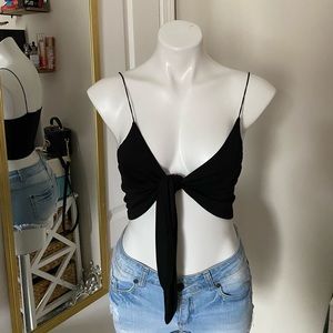 Self tie black tie front spaghetti crop top